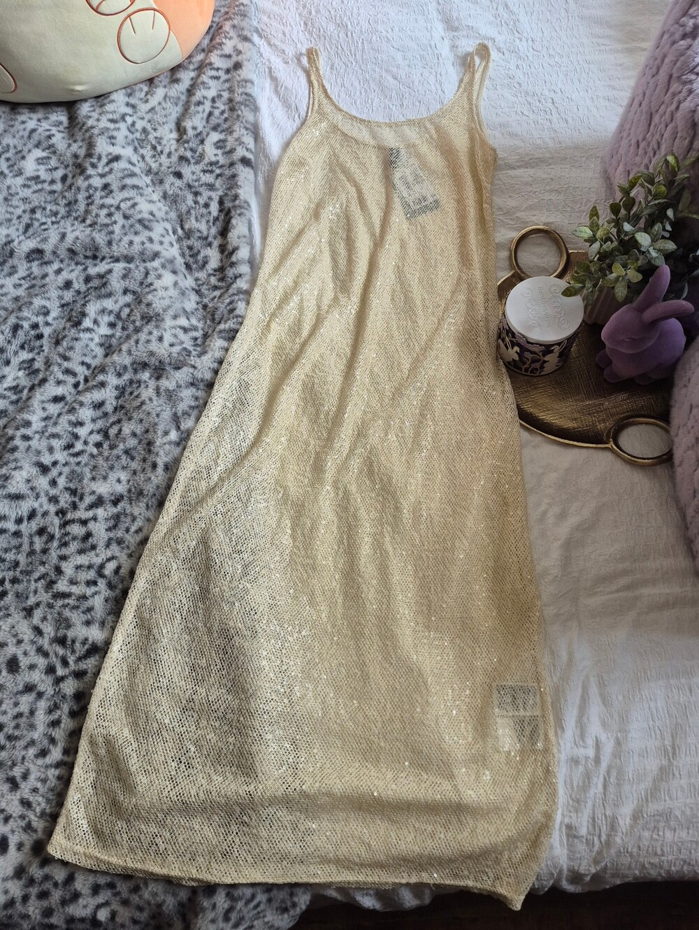 NWT H&M Sheer Sequin Champagne Cream Sparkly Tank Dress